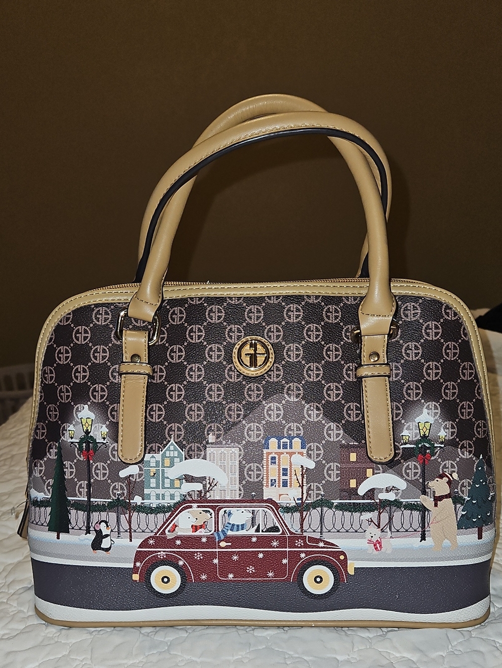 Giani Bernini Beige & Brown Patterned Dome Satchel Christmas Handbag